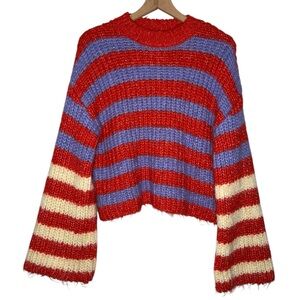 Striped Flare Sleeve Crochet Knit Red and Purple Women's‎ Sweater